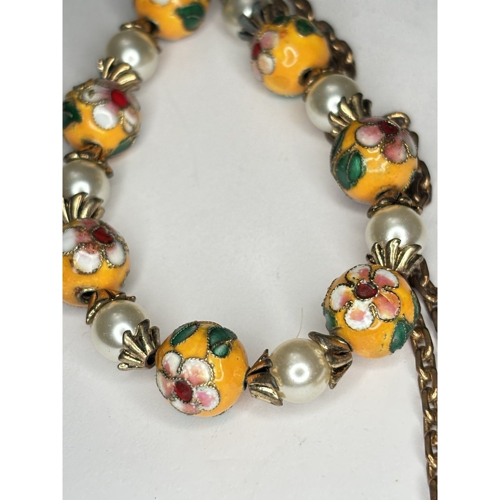 Cloisonné Orange Enamel Floral Chinese Bead Faux Pearl Necklace 22.5"